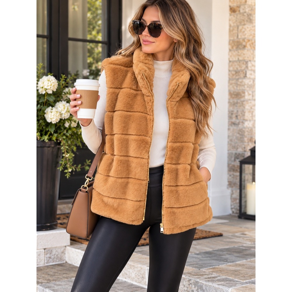 Crown & Ivy Faux Fur Vest Trolly Tan Brown Gold Zip NWT Small